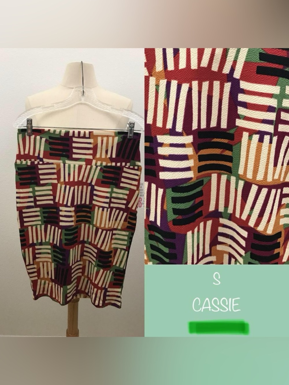 LuLaRoe Cassie Pencil Skirt in Burgundy, Green, Cream & Gold Geometric